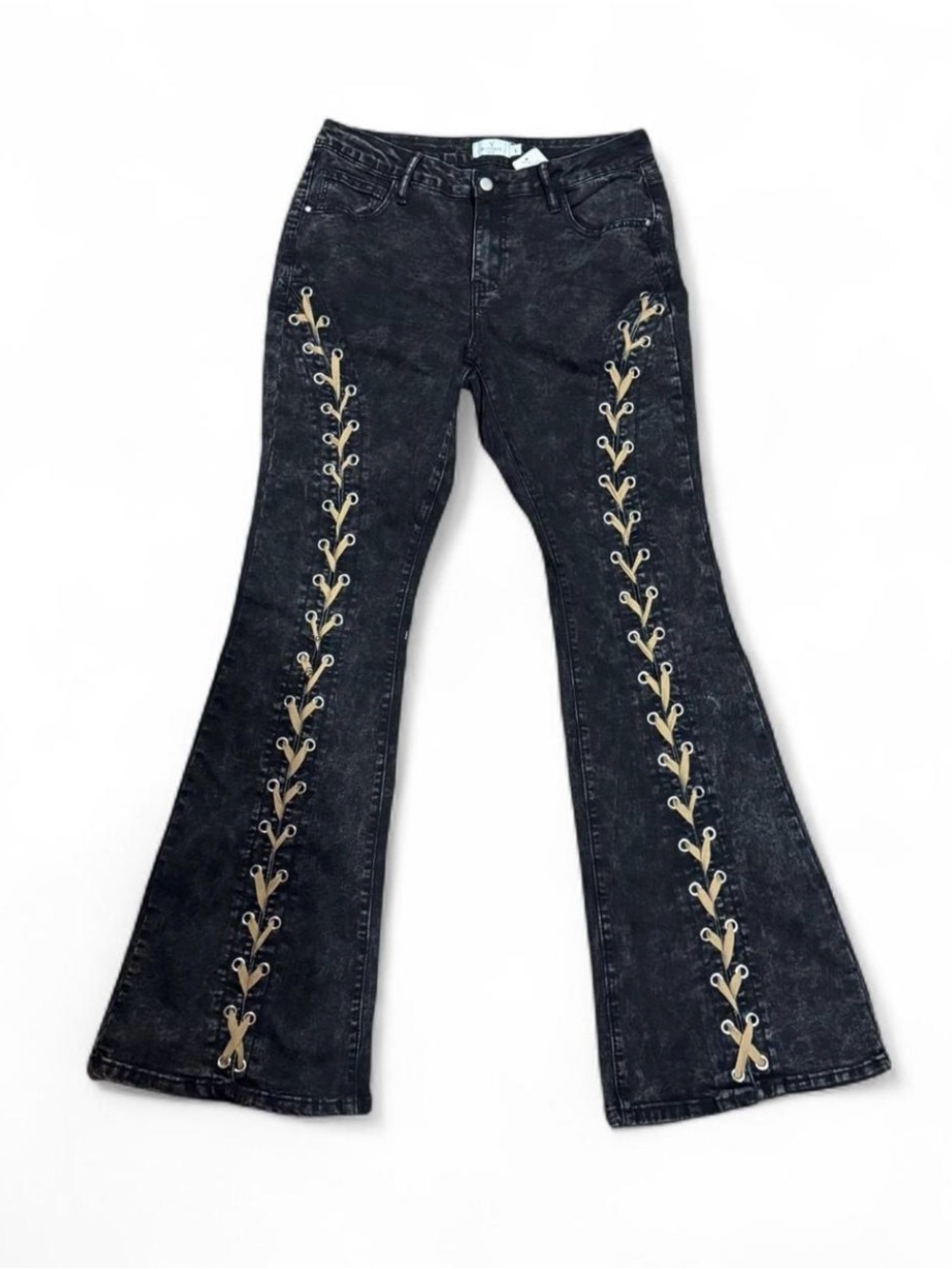 Windsor Black Flare Jeans with Gold Lace-Up Detail